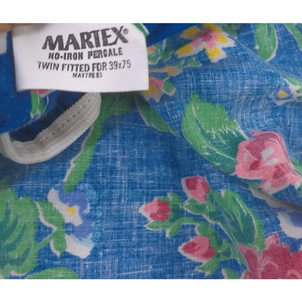 Vintage Martex Blue Floral Roses Twin Fitted Sheet No Iron Percale Cottagecore